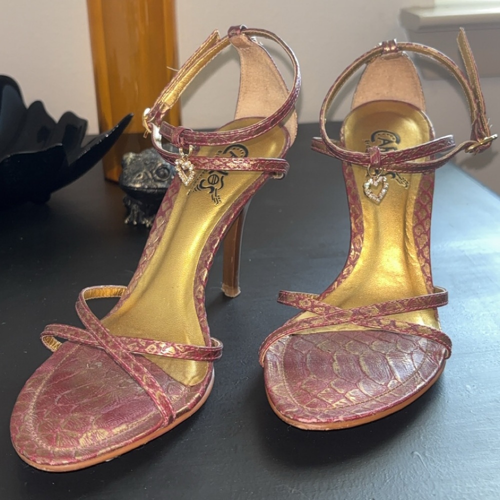 Carlos Heart Charm & Snakeskin Strappy Heels